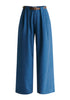 Belted Wide Leg Trousers with Box Pleats in Denim Blue Cutout