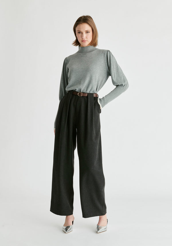 Belted Wide Leg Trousers with Box Pleats in Charcoal