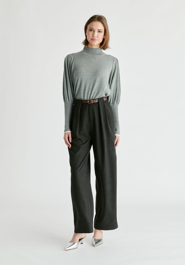 Belted Wide Leg Trousers with Box Pleats in Charcoal Front