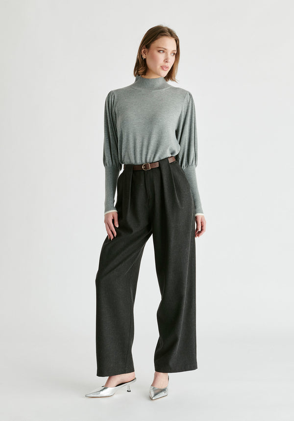 Belted Wide Leg Trousers with Box Pleats in Charcoal Front