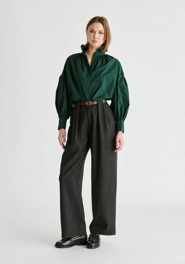 Belted Wide Leg Trousers with Box Pleats in Charcoal Front