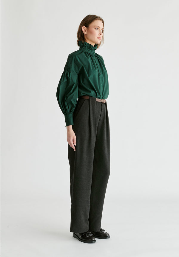 Belted Wide Leg Trousers with Box Pleats in Charcoal Side