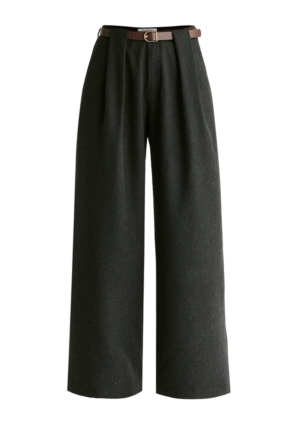 Belted Wide Leg Trousers with Box Pleats in Charcoal Cutout