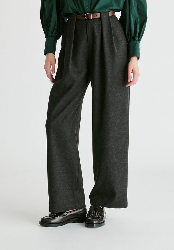 Belted Wide Leg Trousers with Box Pleats in Charcoal Closeup