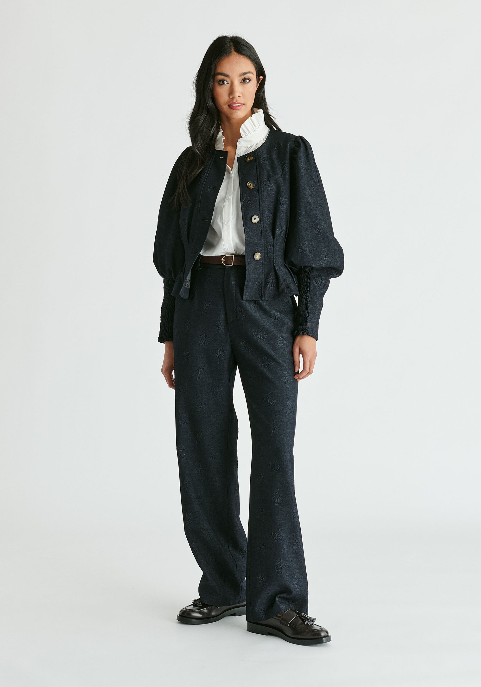 Denim Effect Trousers in Embossed Print In Dark Denim Blue Front