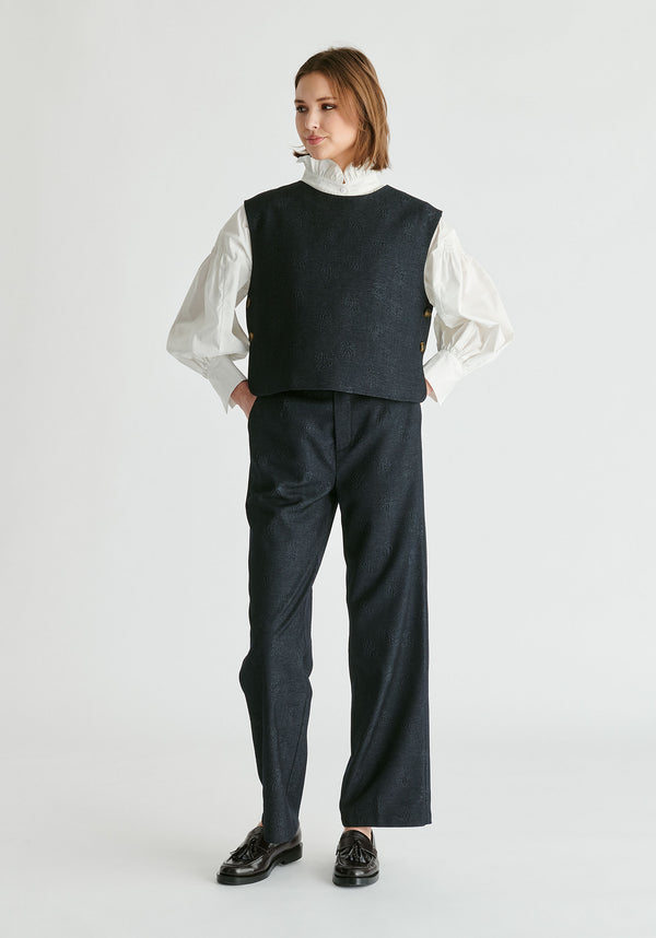 Denim Effect Trousers in Embossed Print In Dark Denim Blue Front