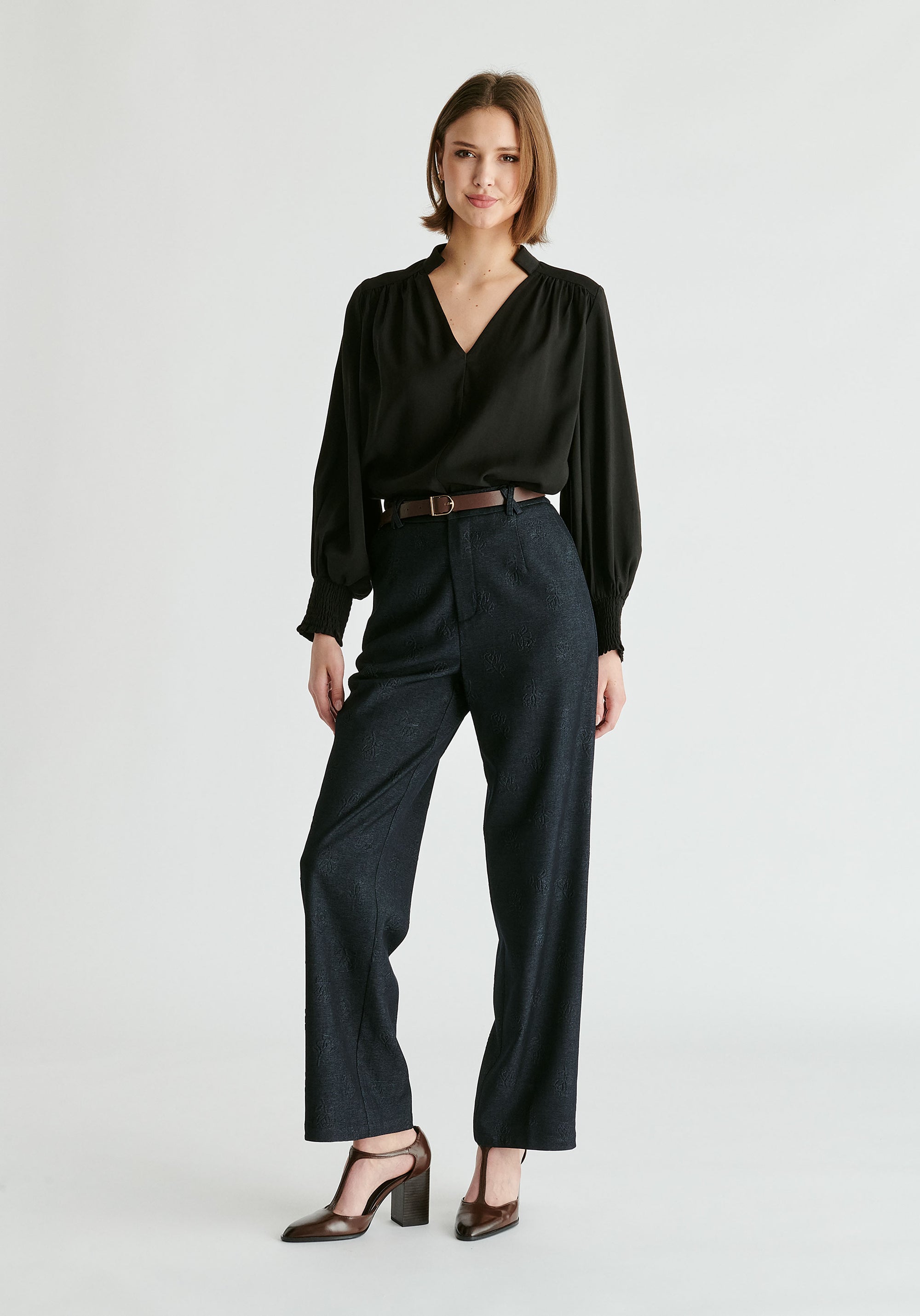 Denim Effect Trousers in Embossed Print In Dark Denim Blue Front