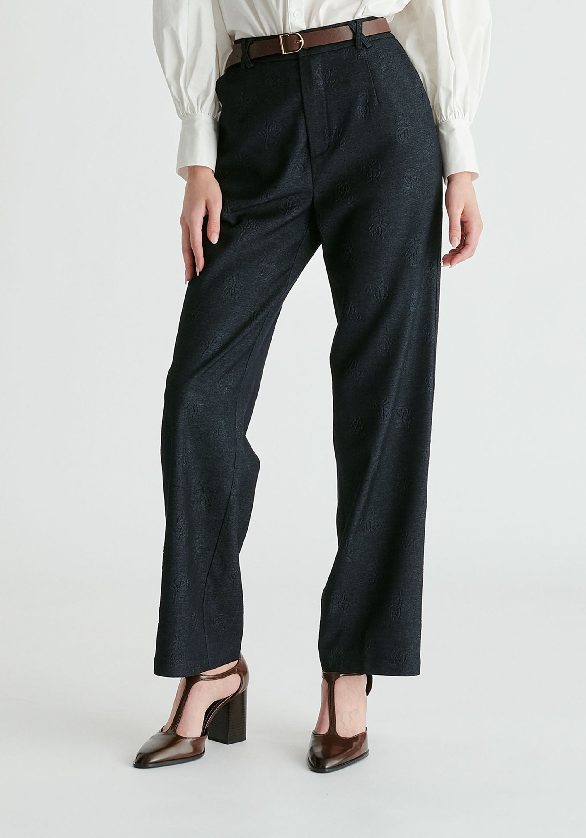Denim Effect Trousers in Embossed Print In Dark Denim Blue