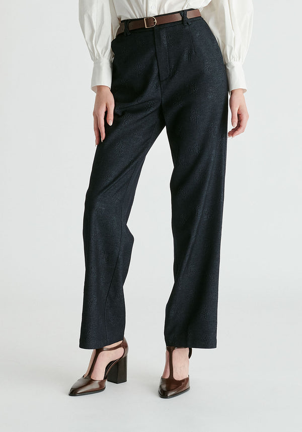 Denim Effect Trousers in Embossed Print In Dark Denim Blue
