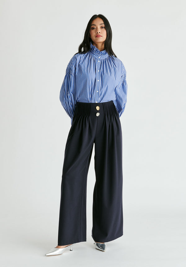 Wide Leg Trousers with Pleated Waist Detail in Navy Front