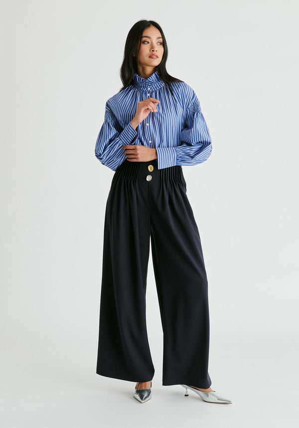 Wide Leg Trousers with Pleated Waist Detail in Navy Front