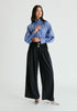 Wide Leg Trousers with Pleated Waist Detail in Navy Front