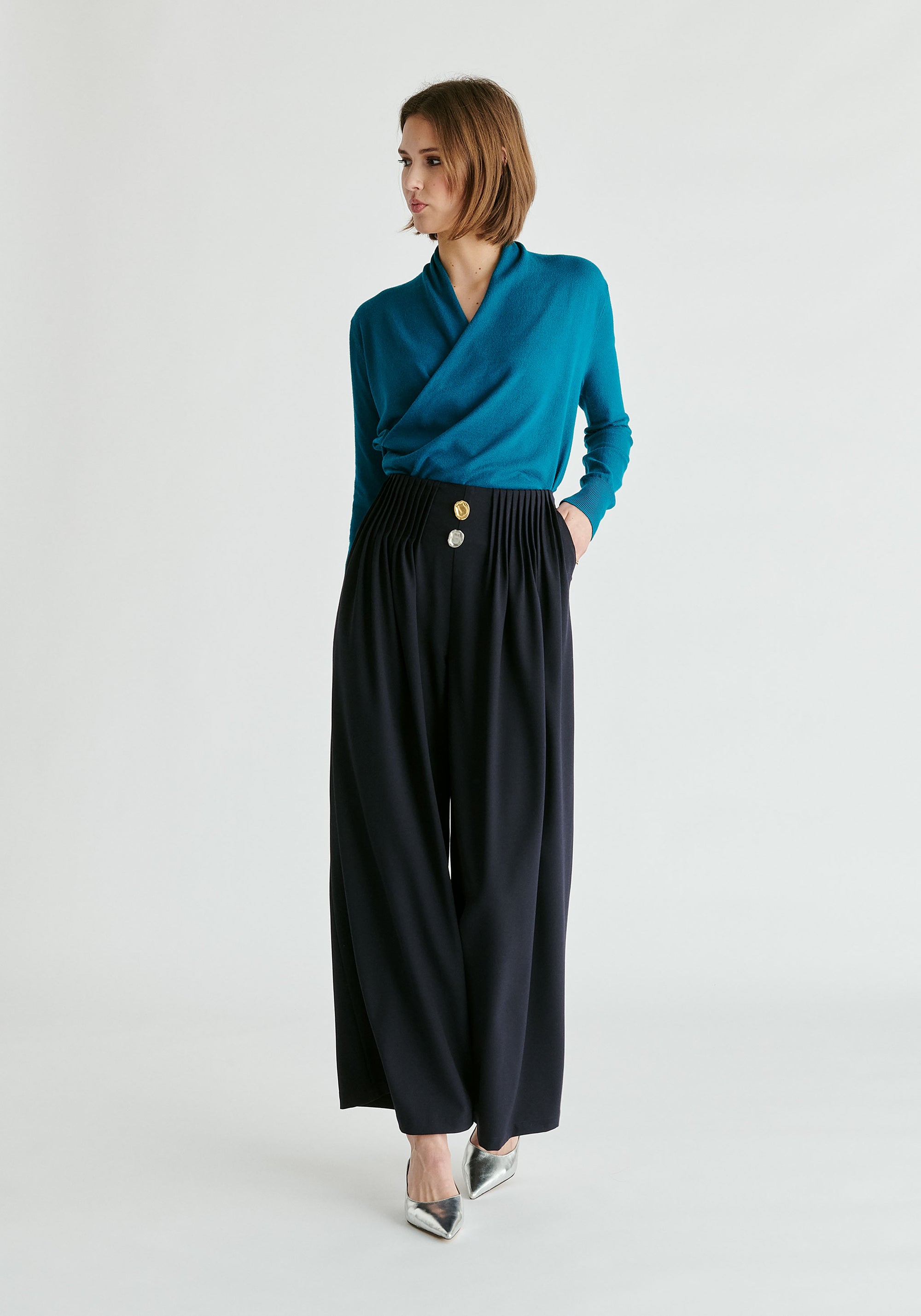 Wide Leg Trousers with Pleated Waist Detail in Navy Front