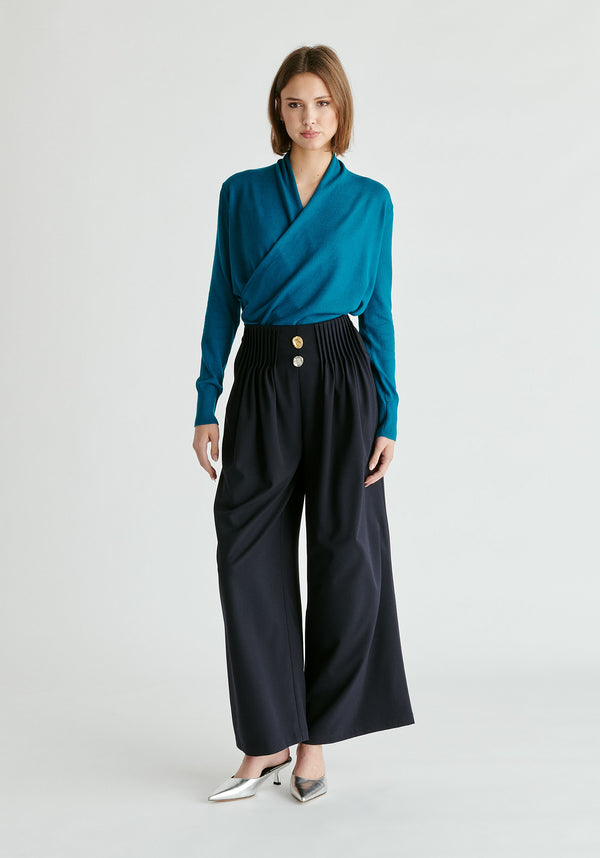 Wide Leg Trousers with Pleated Waist Detail in Navy Front