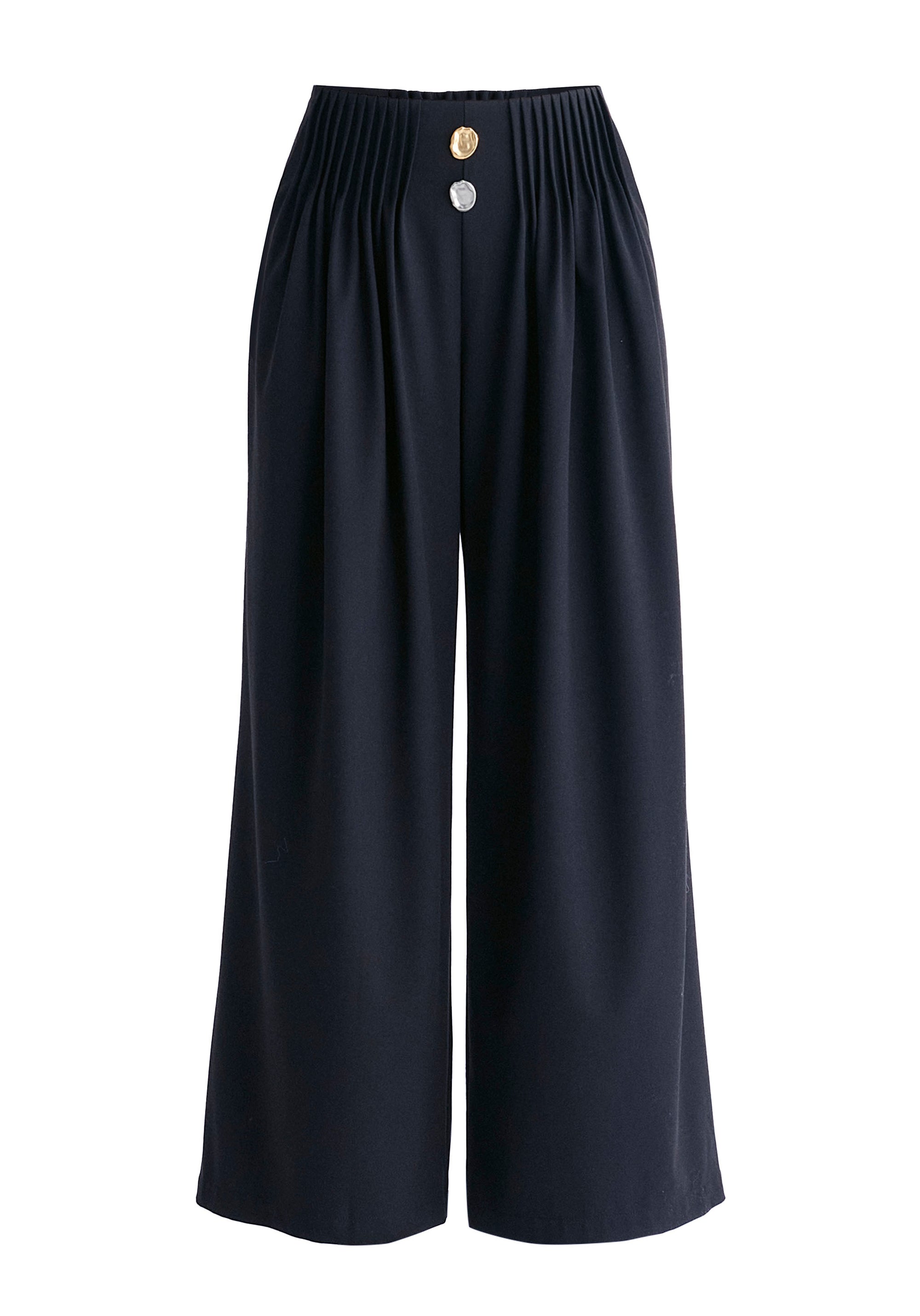 Wide Leg Trousers with Pleated Waist Detail in Navy Cutout