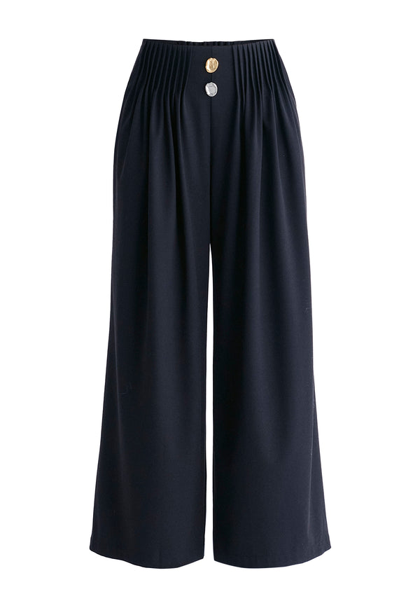Wide Leg Trousers with Pleated Waist Detail in Navy Cutout