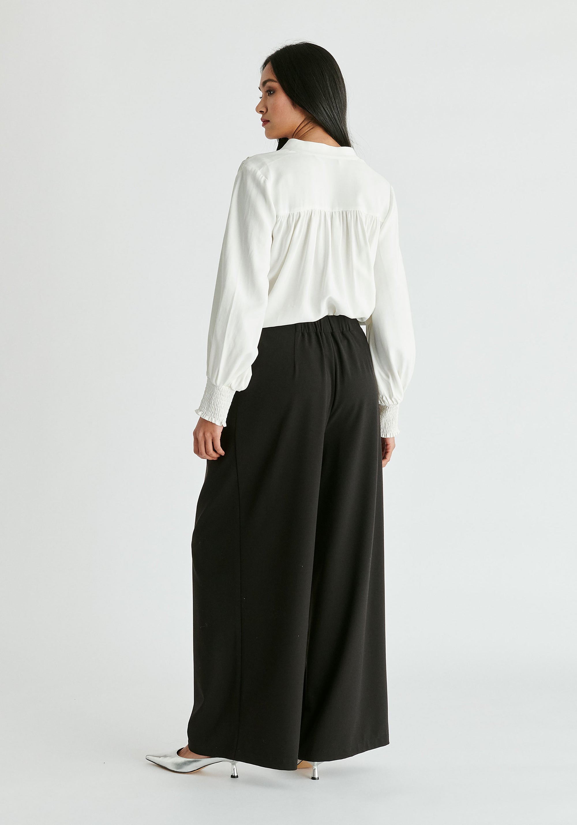 Wide Leg Trousers with Pleated Waist Detail Back