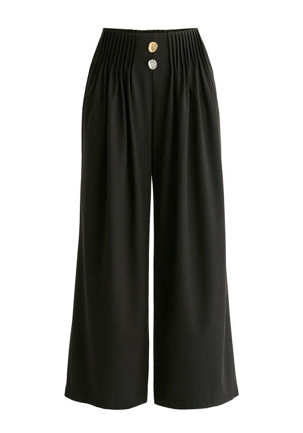 Wide Leg Trousers with Pleated Waist Detail in Black Cutout