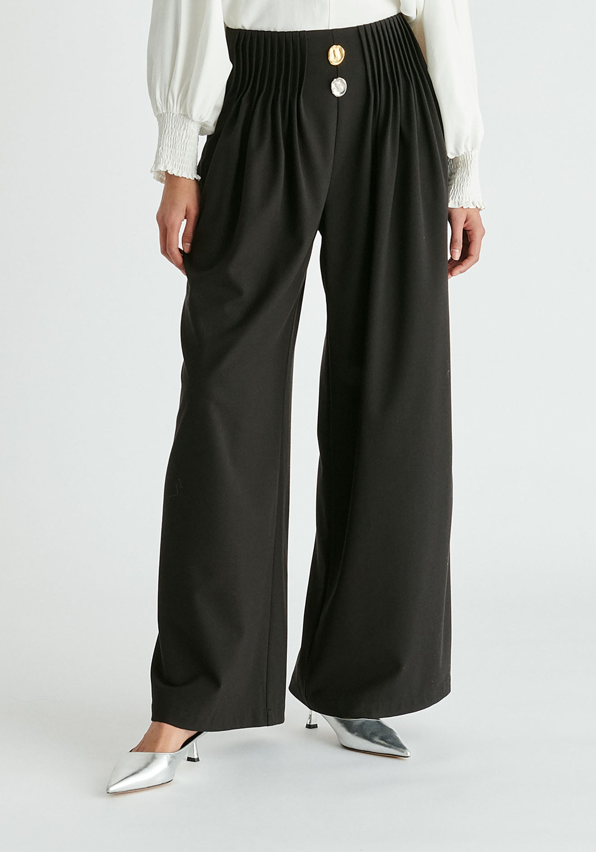 Wide Leg Trousers with Pleated Waist Detail in Black Closeup