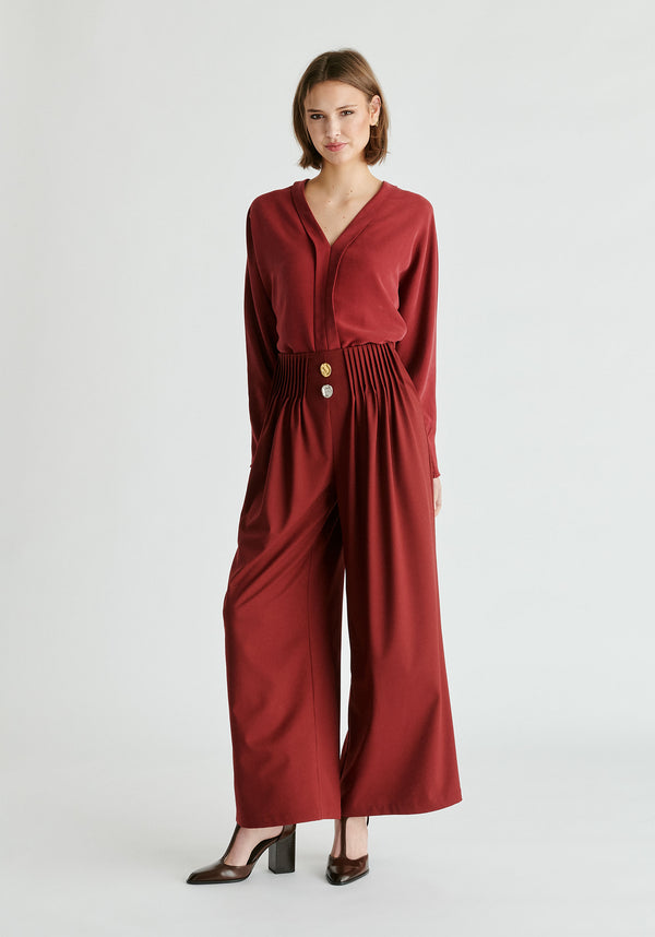 Wide Leg Trousers with Pleated Waist Detail in Burgundy Front