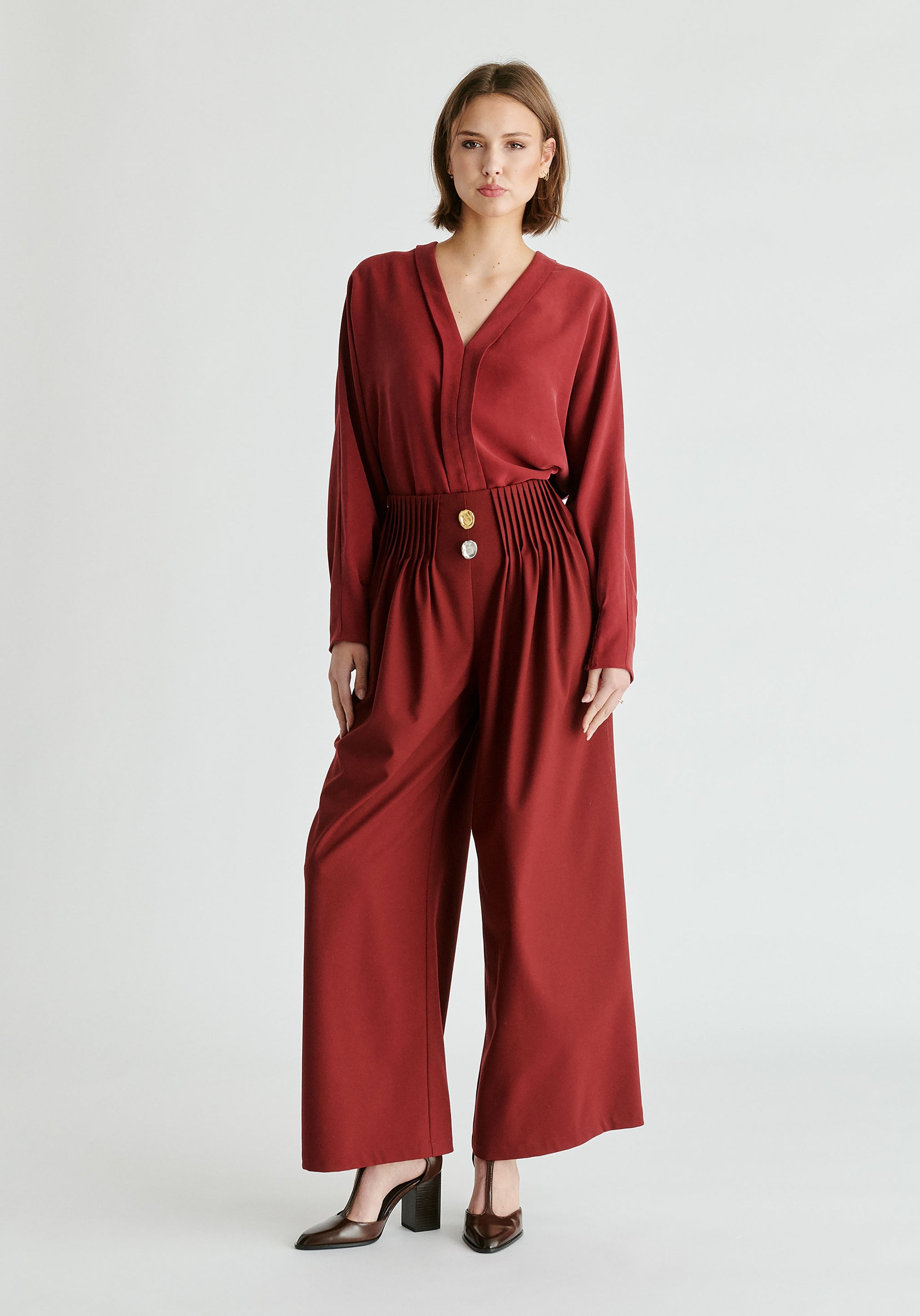 Wide Leg Trousers with Pleated Waist Detail in Burgundy Front