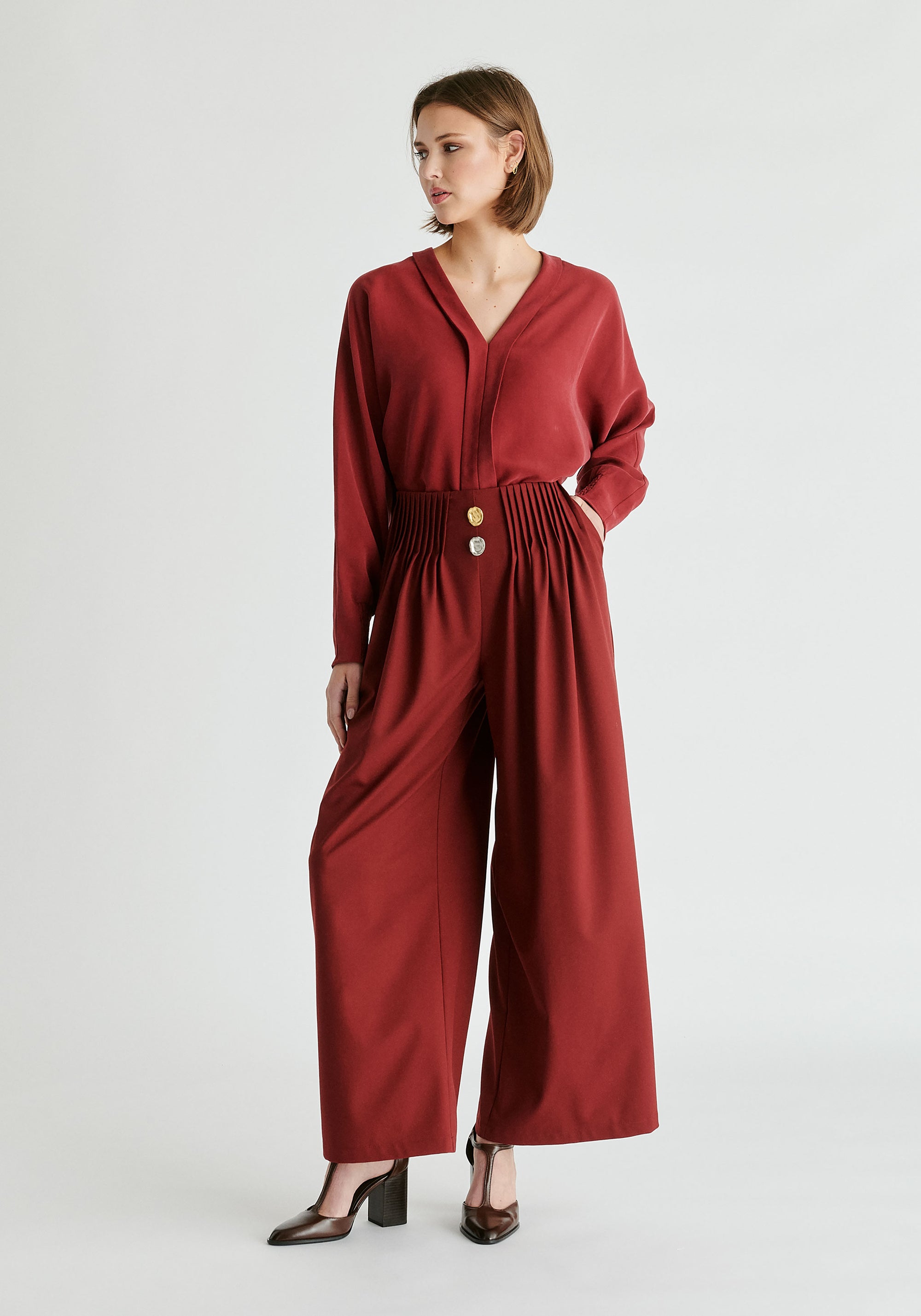 Wide Leg Trousers with Pleated Waist Detail in Burgundy Front