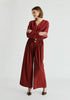 Wide Leg Trousers with Pleated Waist Detail in Burgundy Front