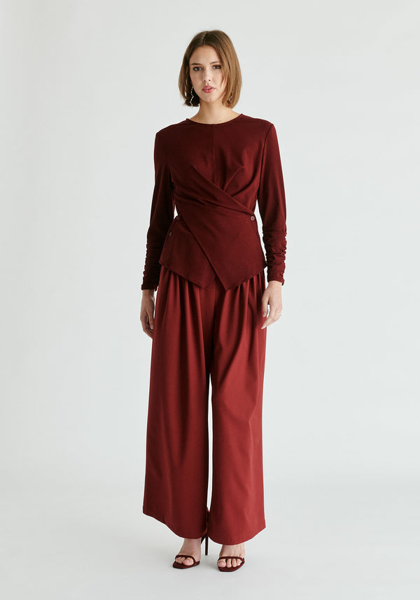 Wide Leg Trousers with Pleated Waist Detail in Burgundy Front