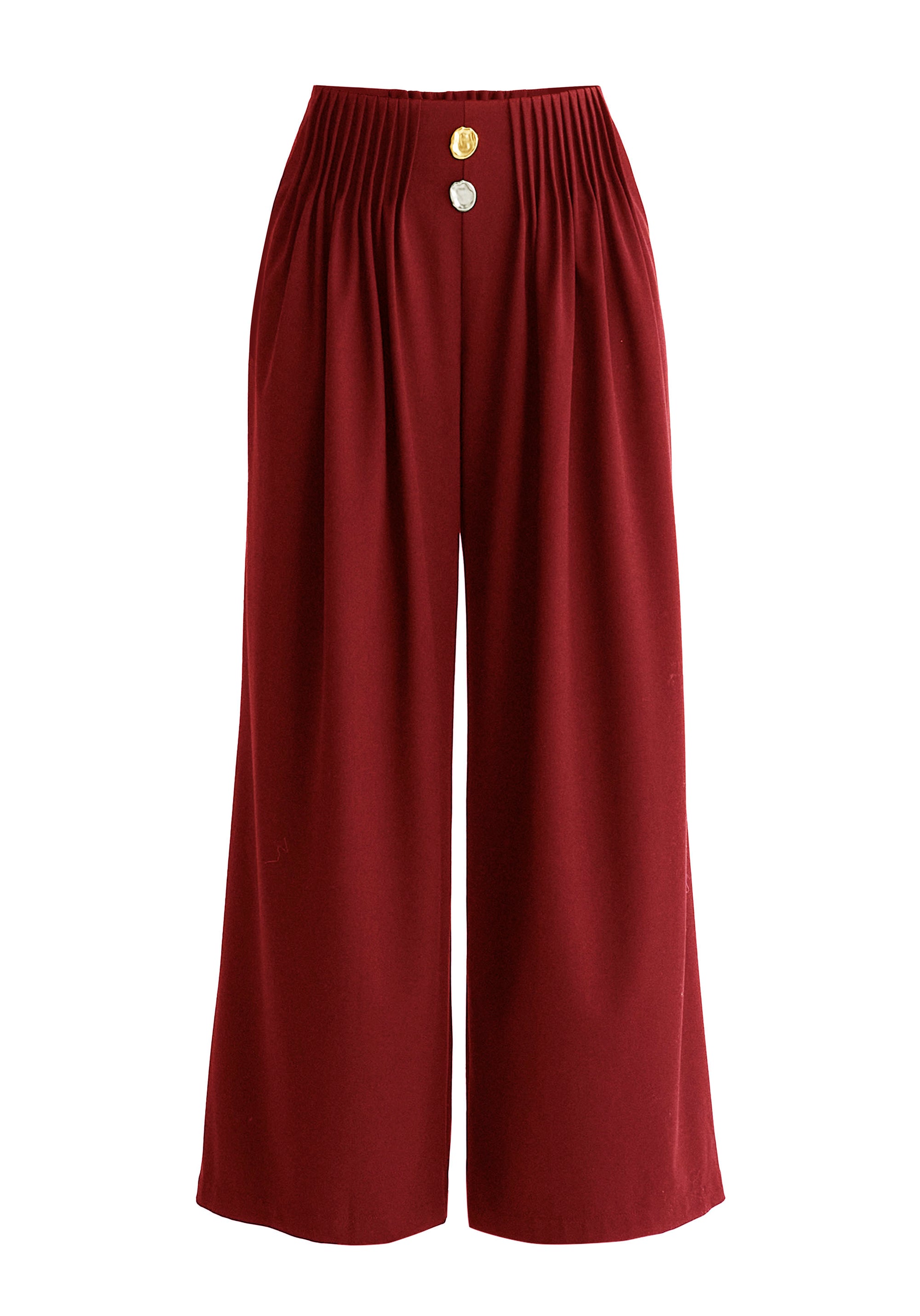 Wide Leg Trousers with Pleated Waist Detail in Burgundy Cutout