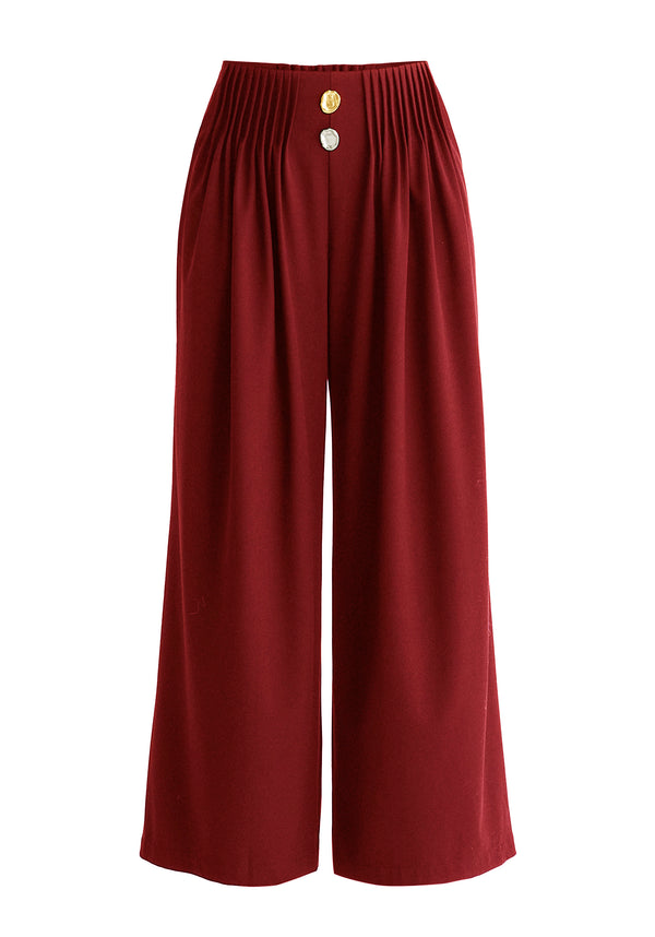 Wide Leg Trousers with Pleated Waist Detail in Burgundy Cutout