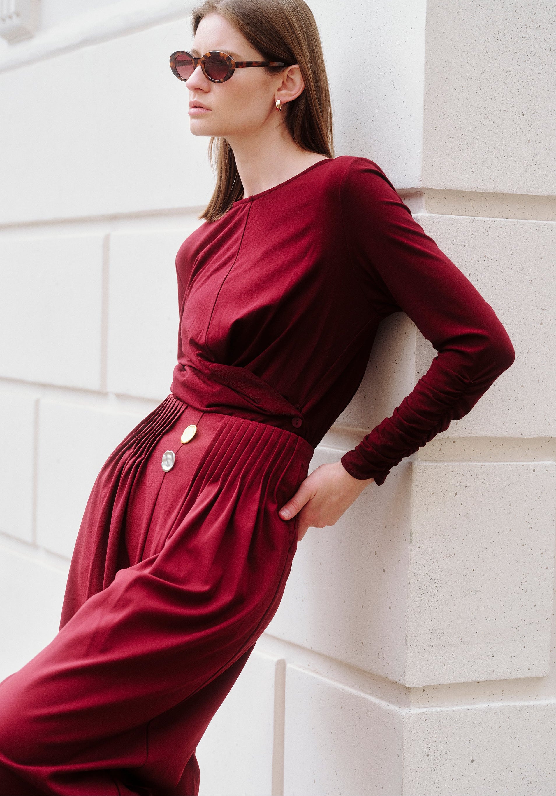 Wide Leg Trousers with Pleated Waist Detail