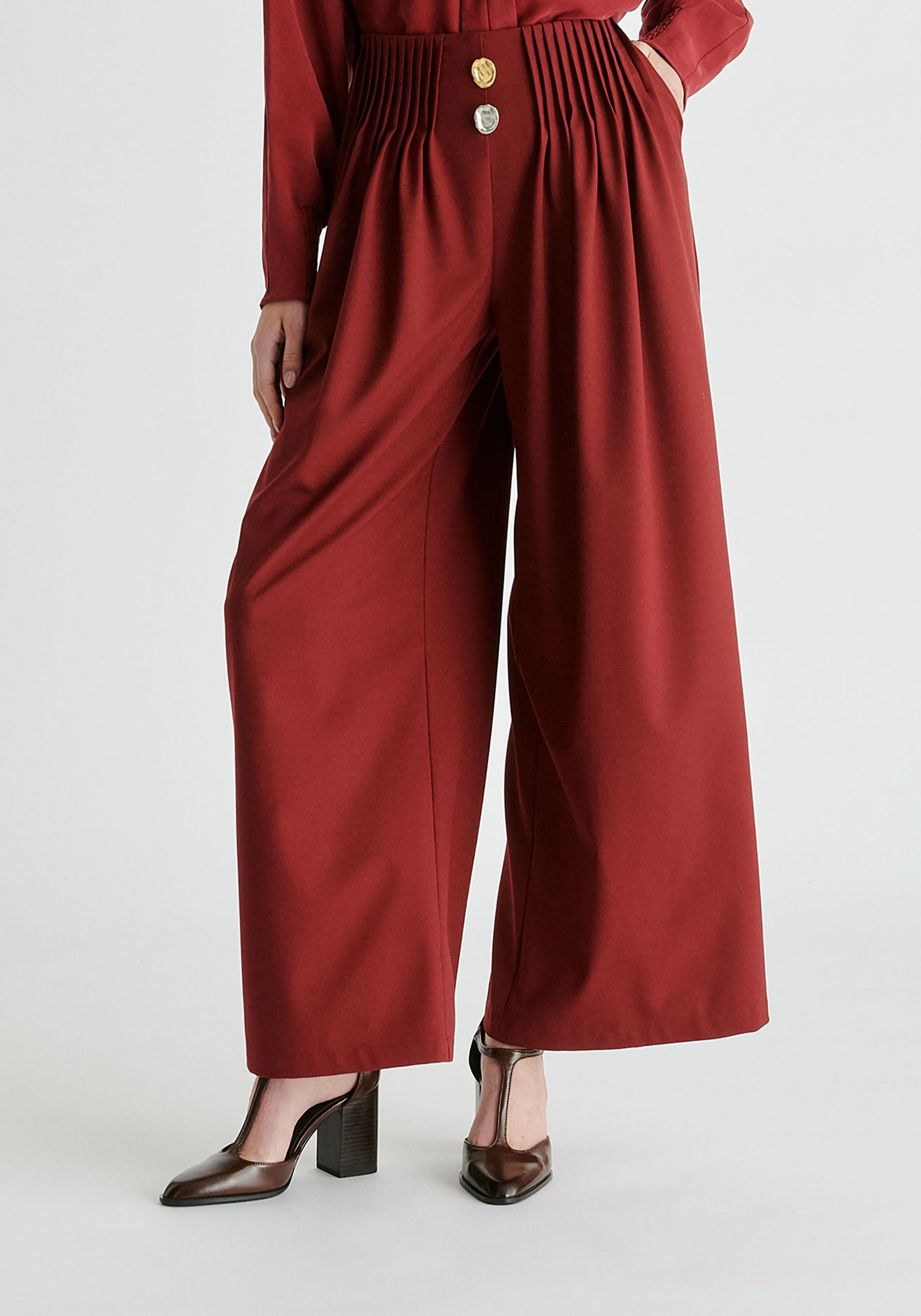 Wide Leg Trousers with Pleated Waist Detail in Burgundy Closeup