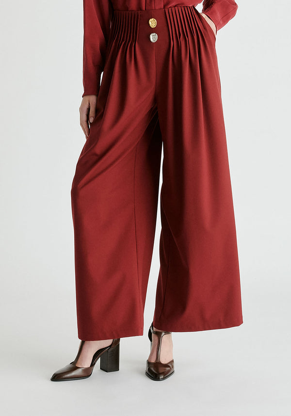 Wide Leg Trousers with Pleated Waist Detail in Burgundy Closeup