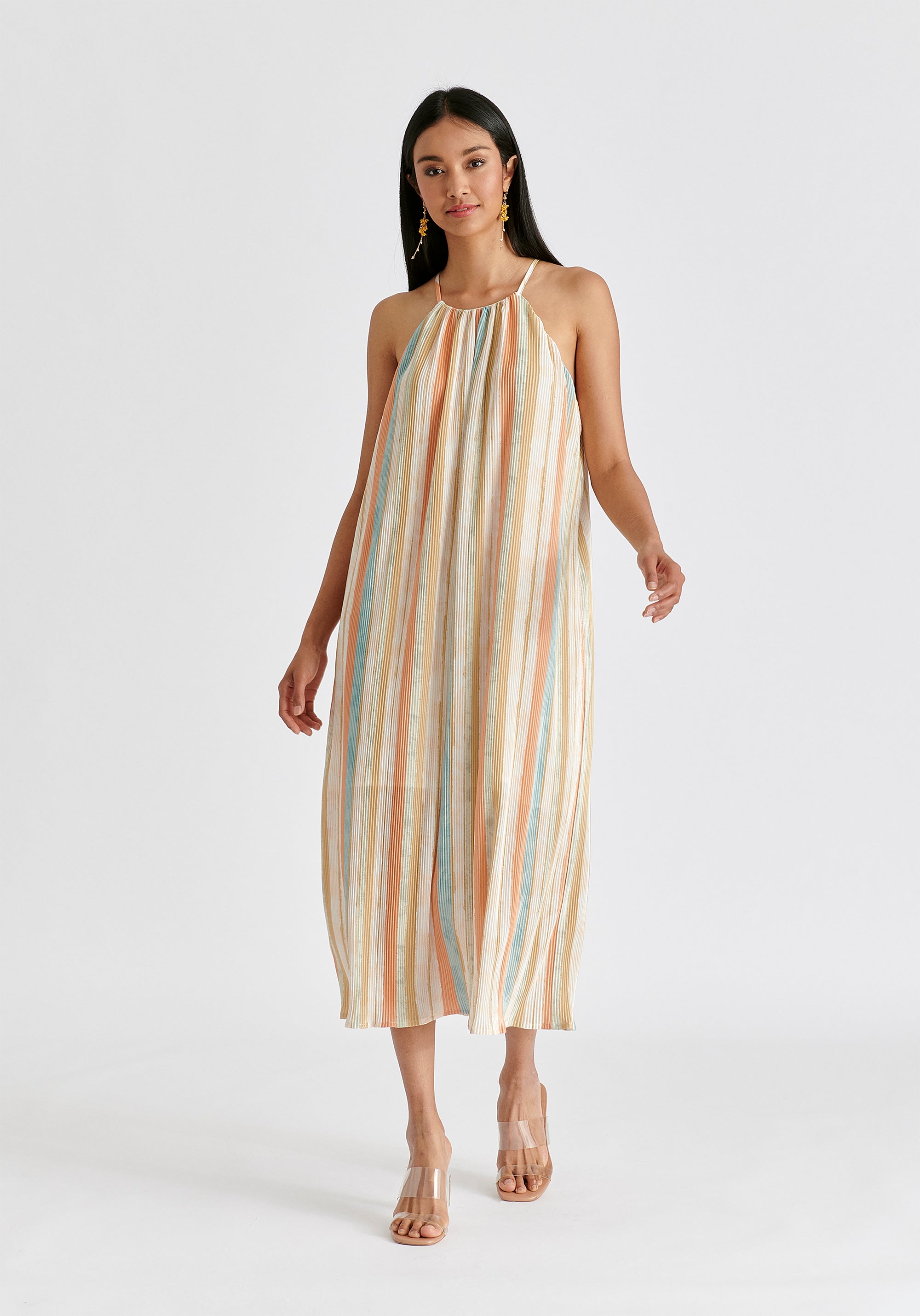 Halter Neck Plisse Dress with Belt in White, Blue, Orange and Blue Front