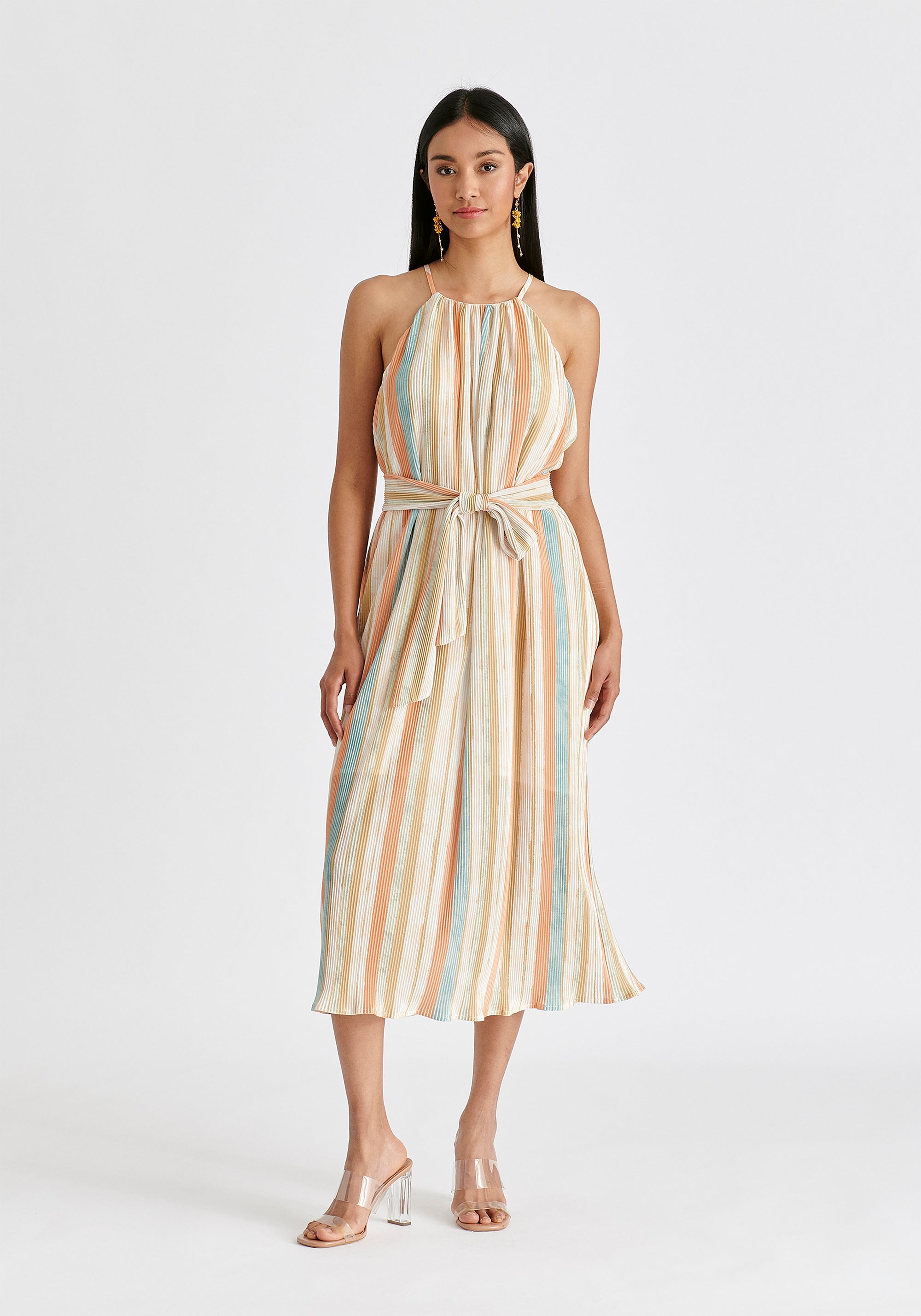 Halter Neck Plisse Dress with Belt in White, Blue, Orange and Blue Front