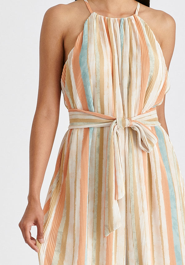 Halter Neck Plisse Dress with Belt in White, Blue, Orange and Blue Closeup