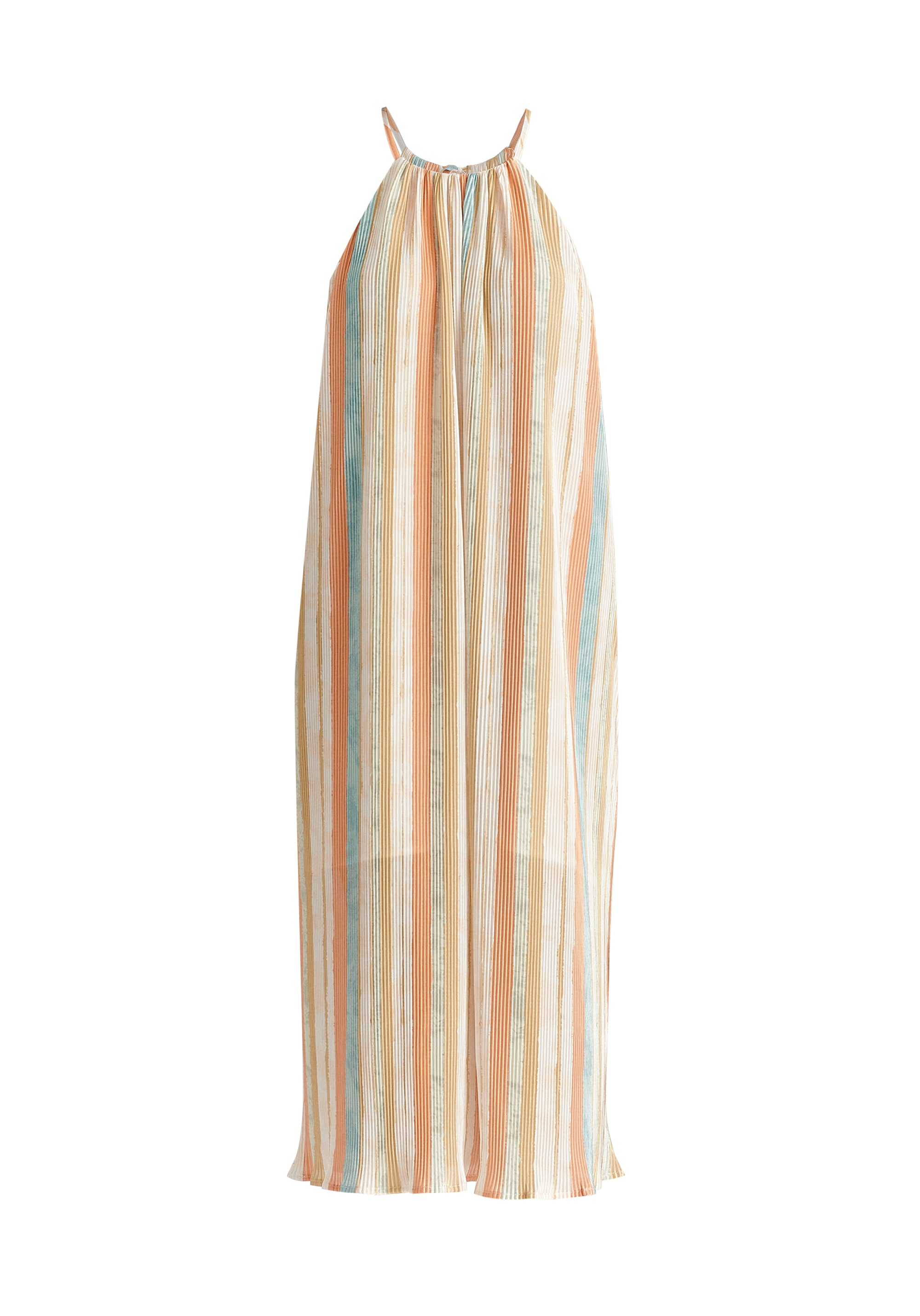 Halter Neck Plisse Dress with Belt in White, Blue, Orange and Blue Cutout