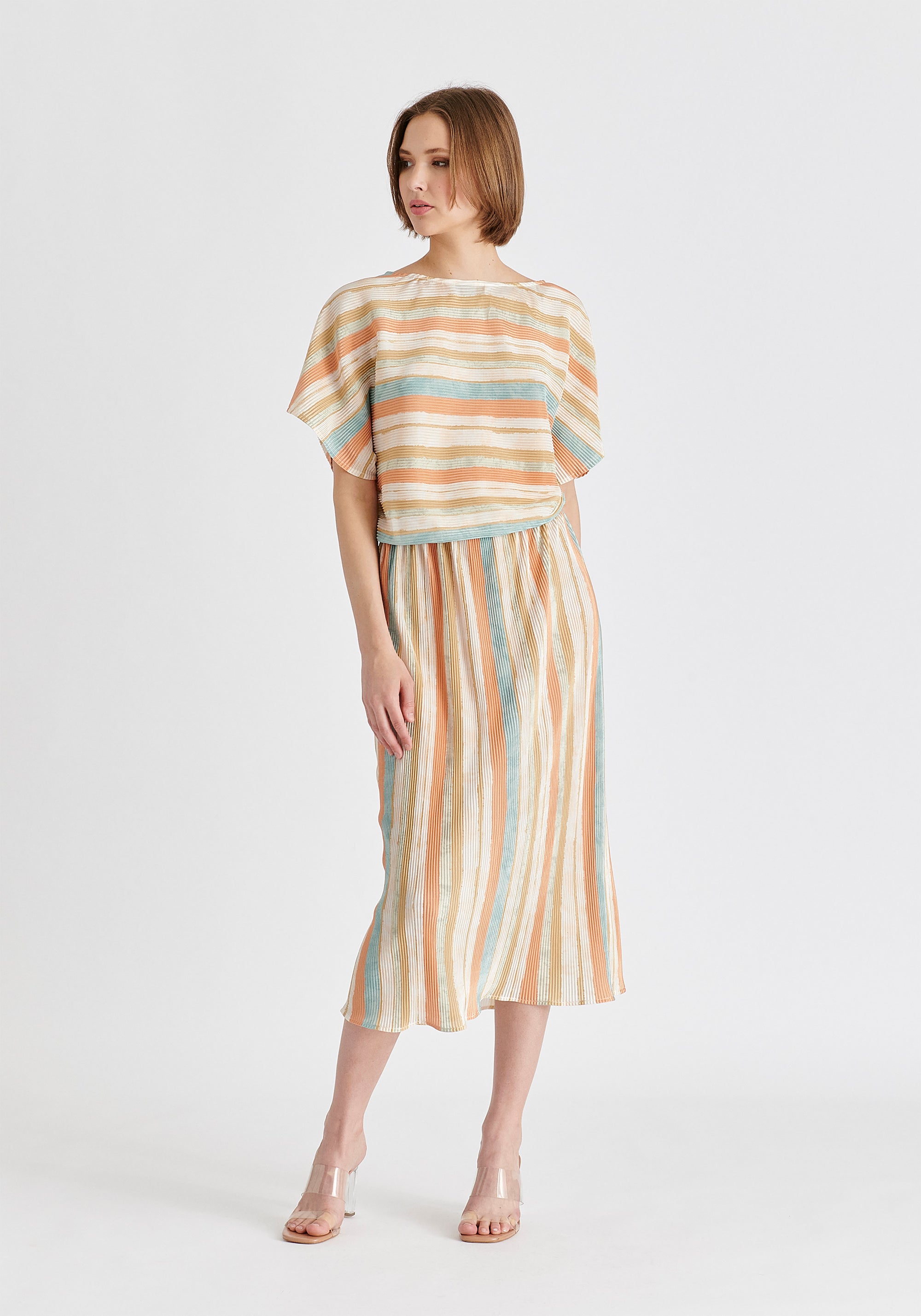 Two-Way Plisse Dress in White, Blue, Orange and Gold Front