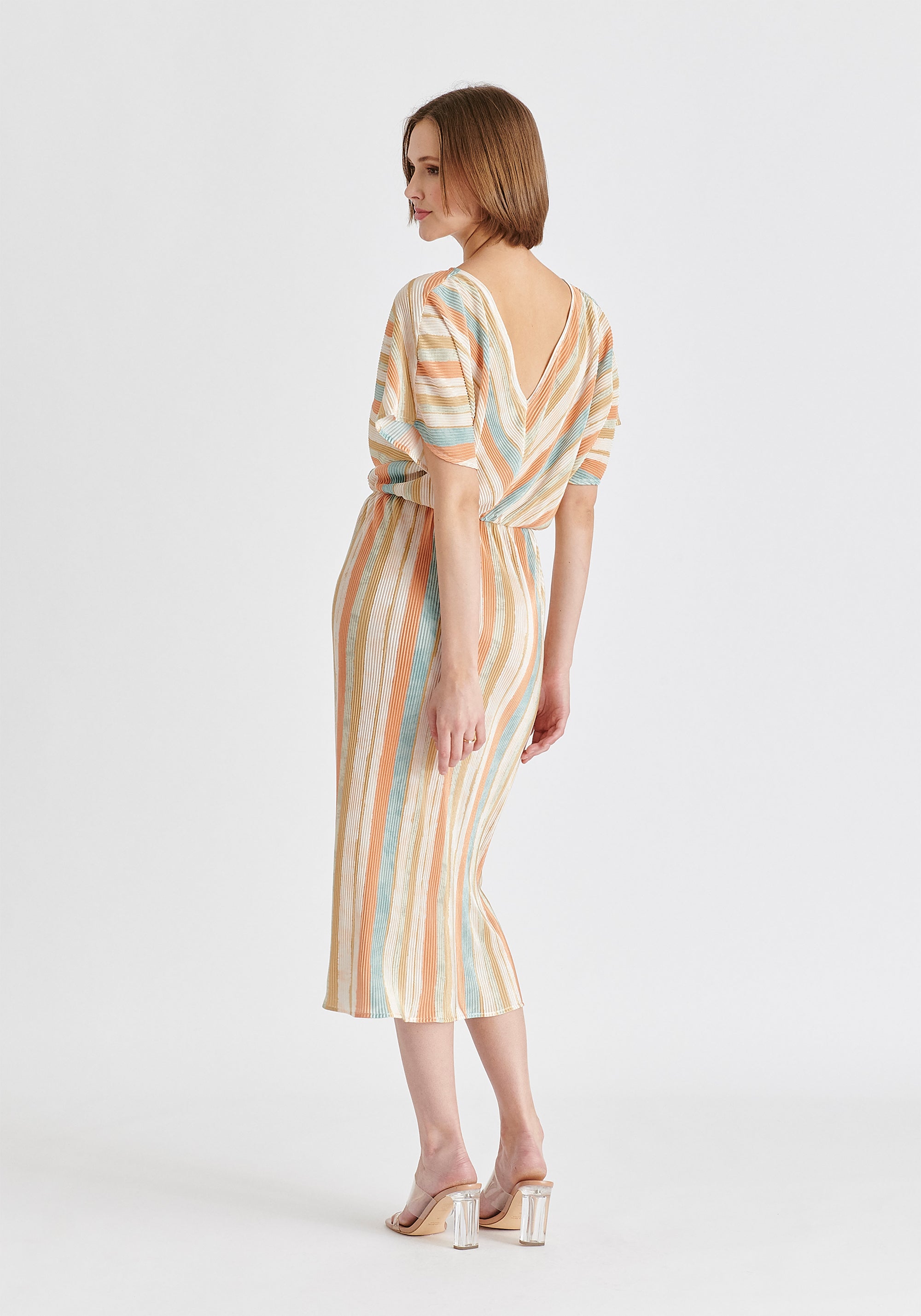 Two-Way Plisse Dress in White, Blue, Orange and Gold Side