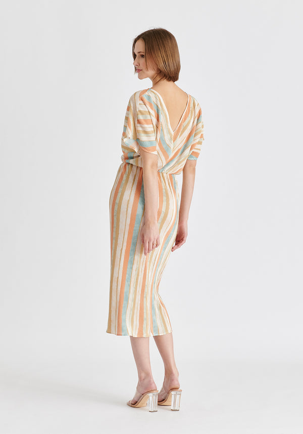 Two-Way Plisse Dress in White, Blue, Orange and Gold Side