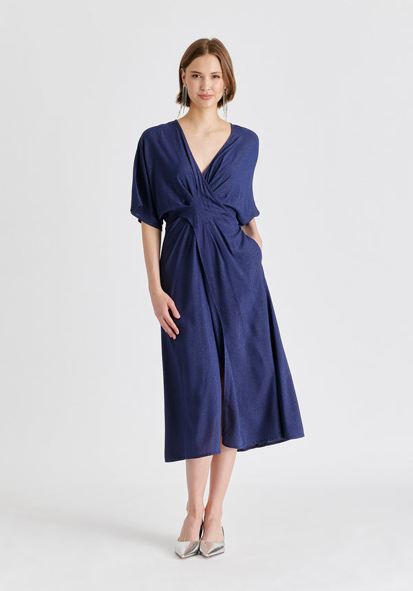 Sparkled Midi Wrap Dress with Pleated Details in Navy