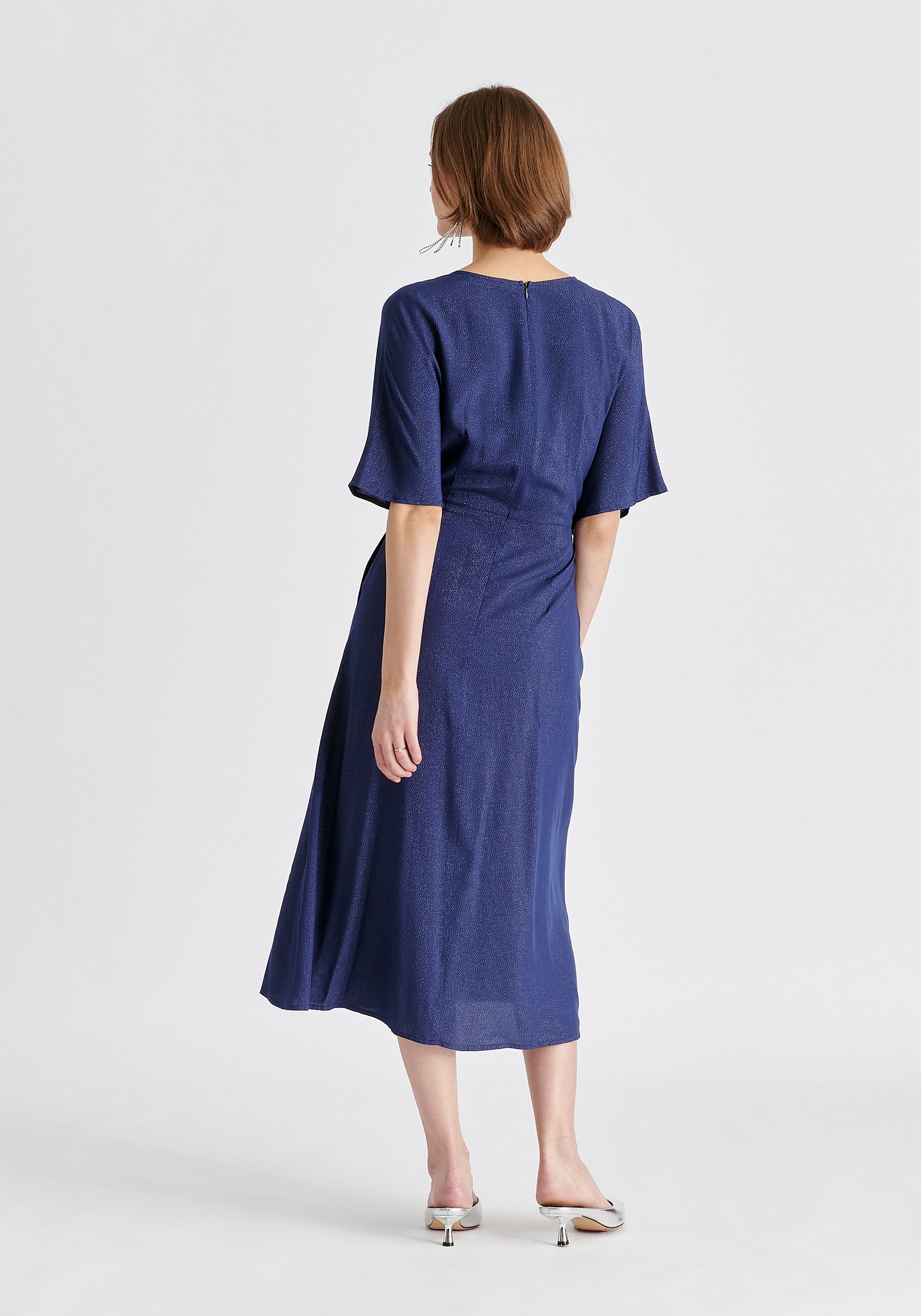 Sparkled Midi Wrap Dress with Pleated Details in Navy Back