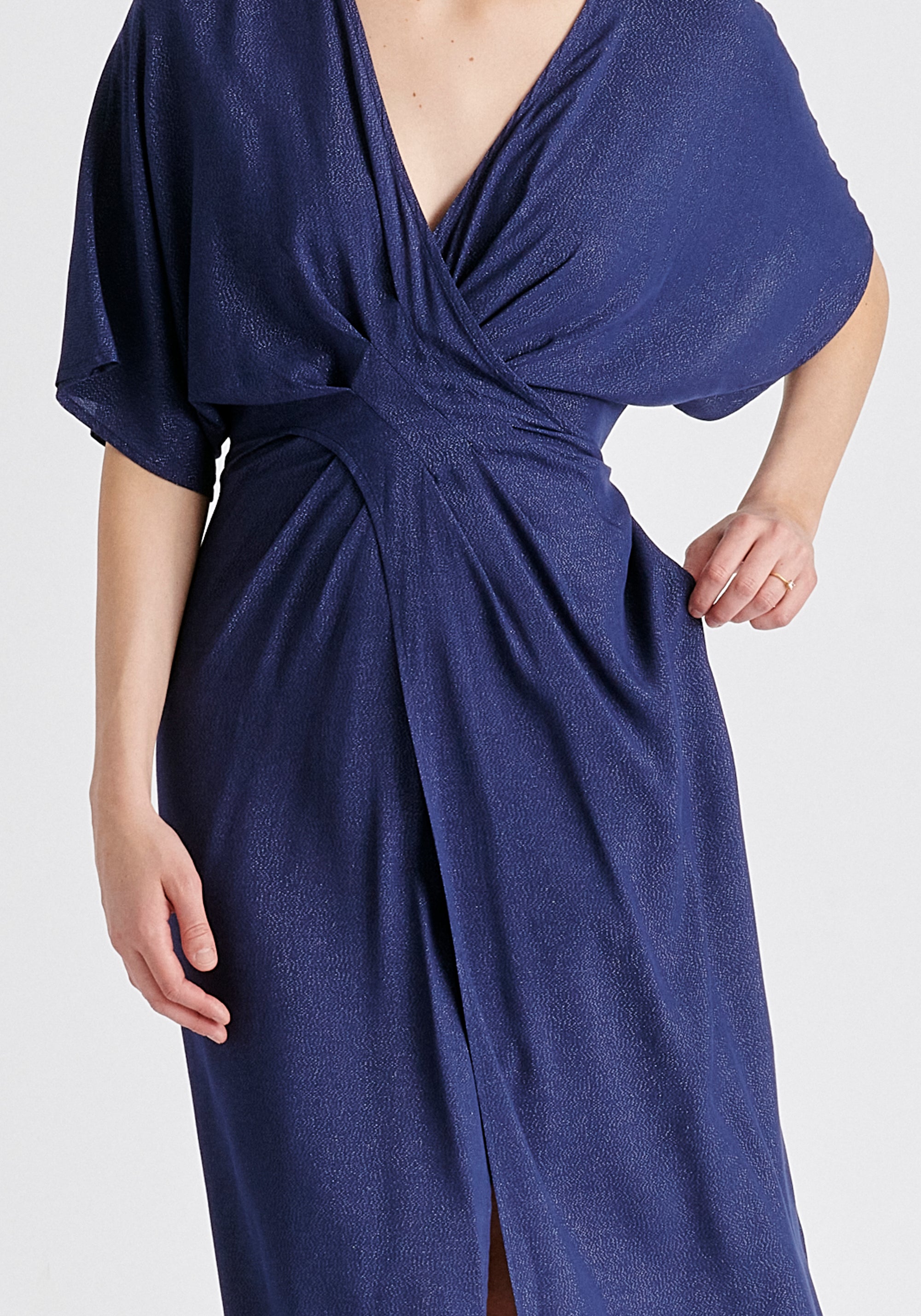 Sparkled Midi Wrap Dress with Pleated Details in Navy Closeup