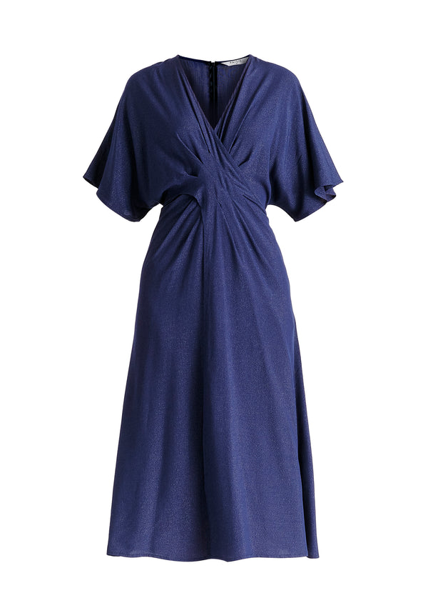 Sparkled Midi Wrap Dress with Pleated Details in Navy Cutout