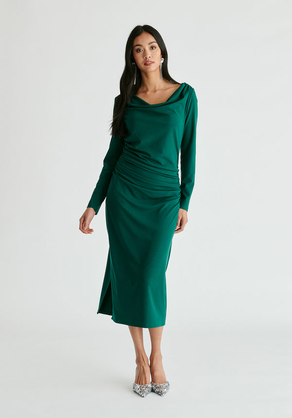 Ruched Jersey Dress with Draped Neck in Green