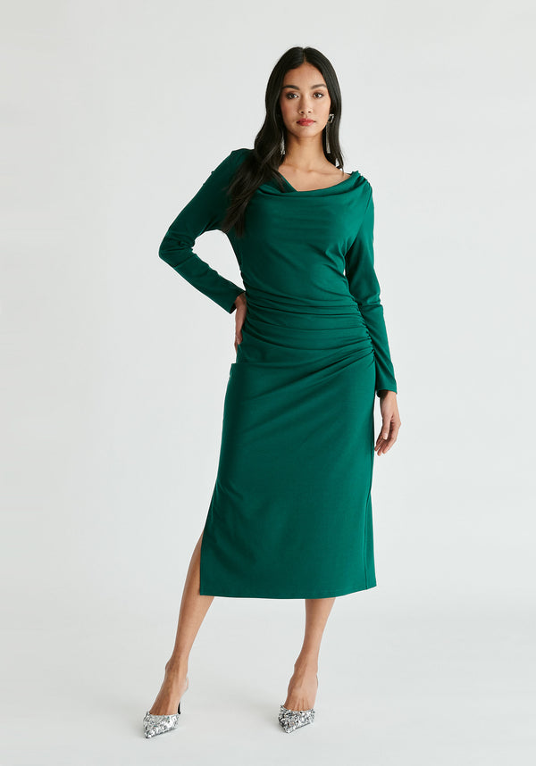 Ruched Jersey Dress with Draped Neck in Green Front