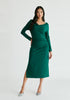 Ruched Jersey Dress with Draped Neck in Green Front