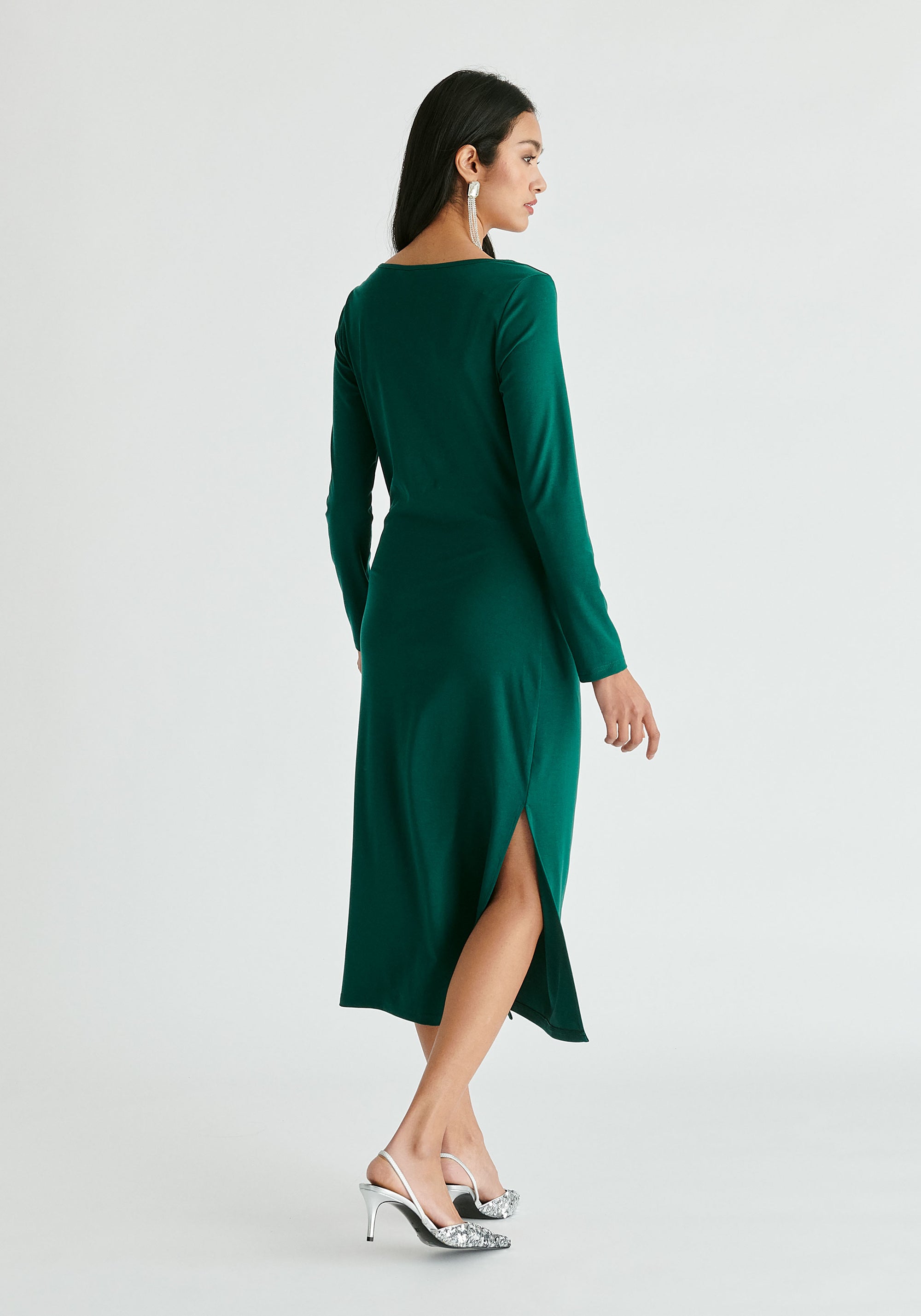 Ruched Jersey Dress with Draped Neck in Green Back