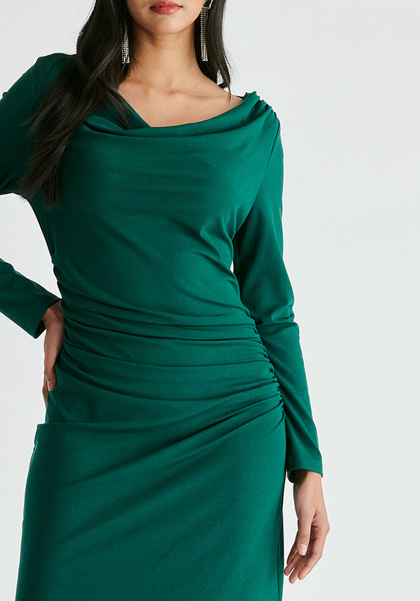 Ruched Jersey Dress with Draped Neck in Green Closeup