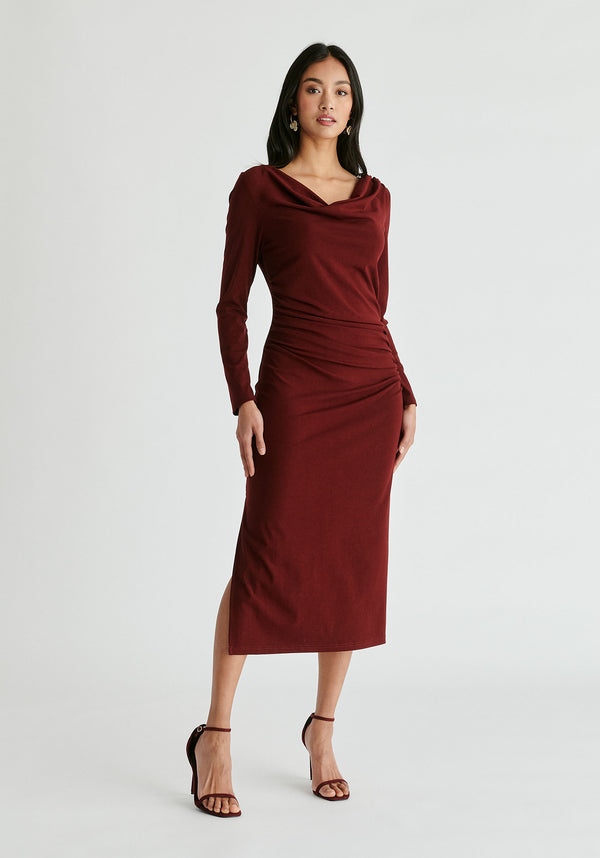 Ruched Jersey Dress with Draped Neck in Burgundy Front
